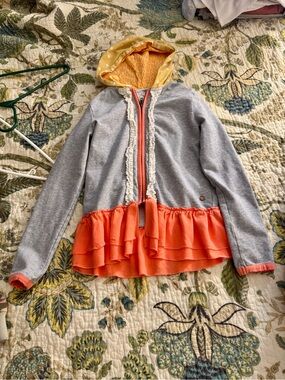 Girls' Gray Hoodie Jacket with Coral Ruffle Hem
